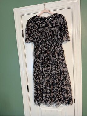 Orange Creek Los Angeles Black Floral Midi Dress with Short Flutter Sleeves